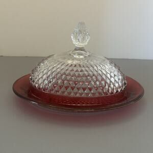 VTG Indiana Glass Diamond Point Ruby Oval Butter Dish Cottagecore Farm Holidays